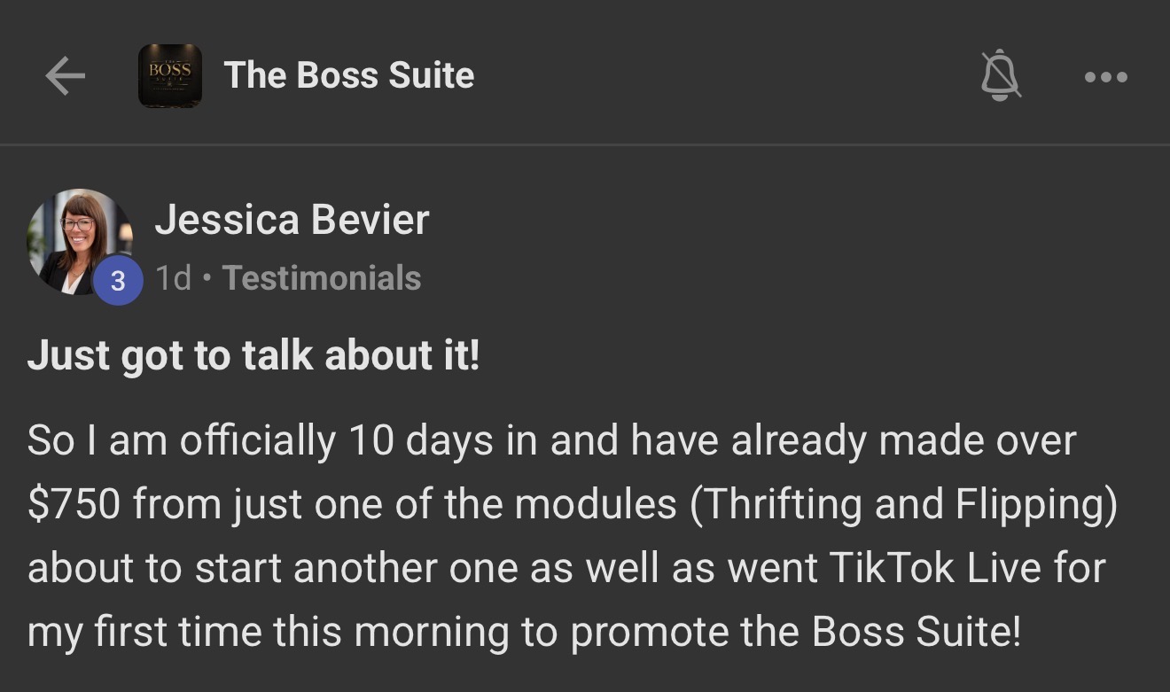 Jessica Bevier Boss Suite testimonial screenshot