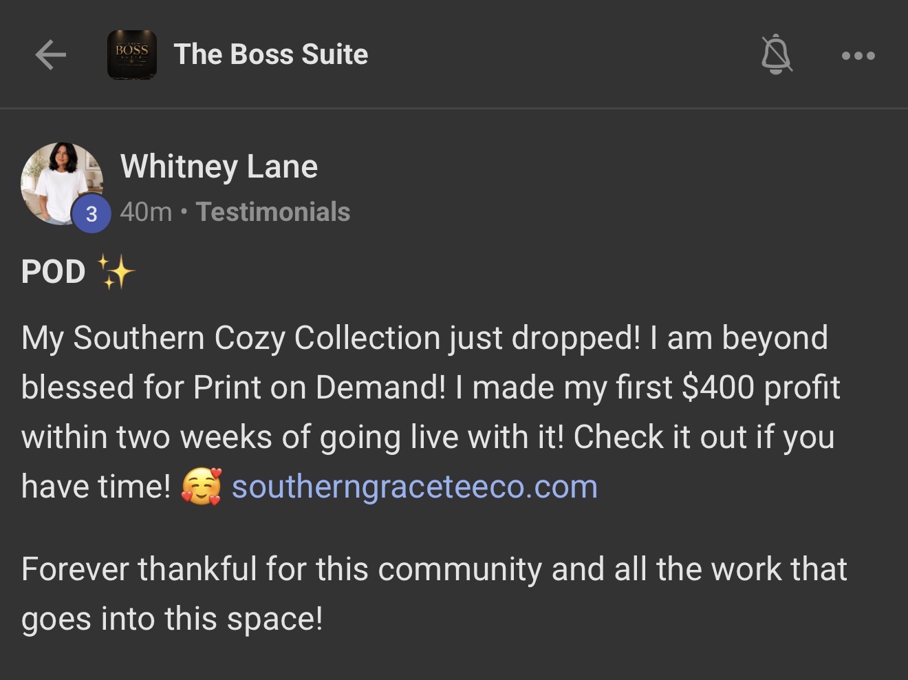 Whitney Lane Boss Suite testimonial screenshot