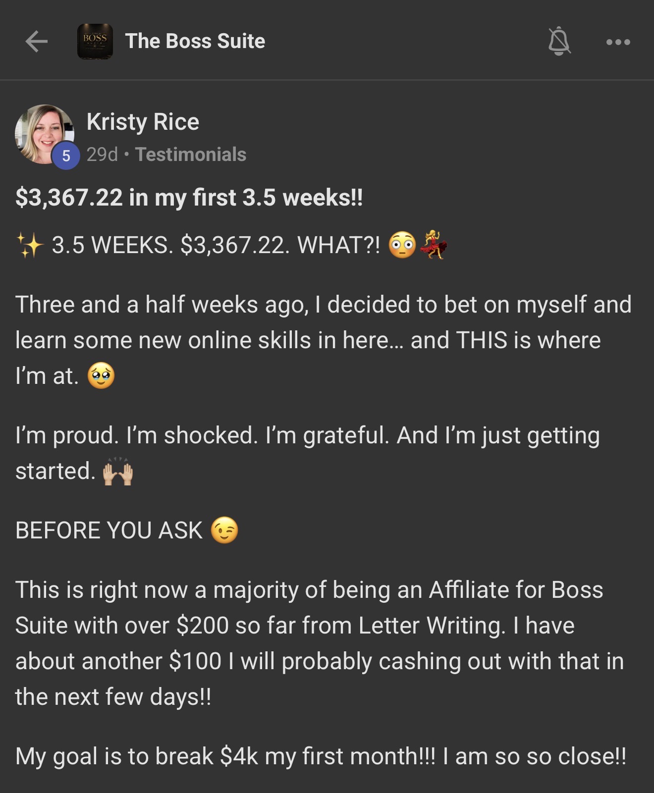 Kristy Rice Boss Suite testimonial screenshot