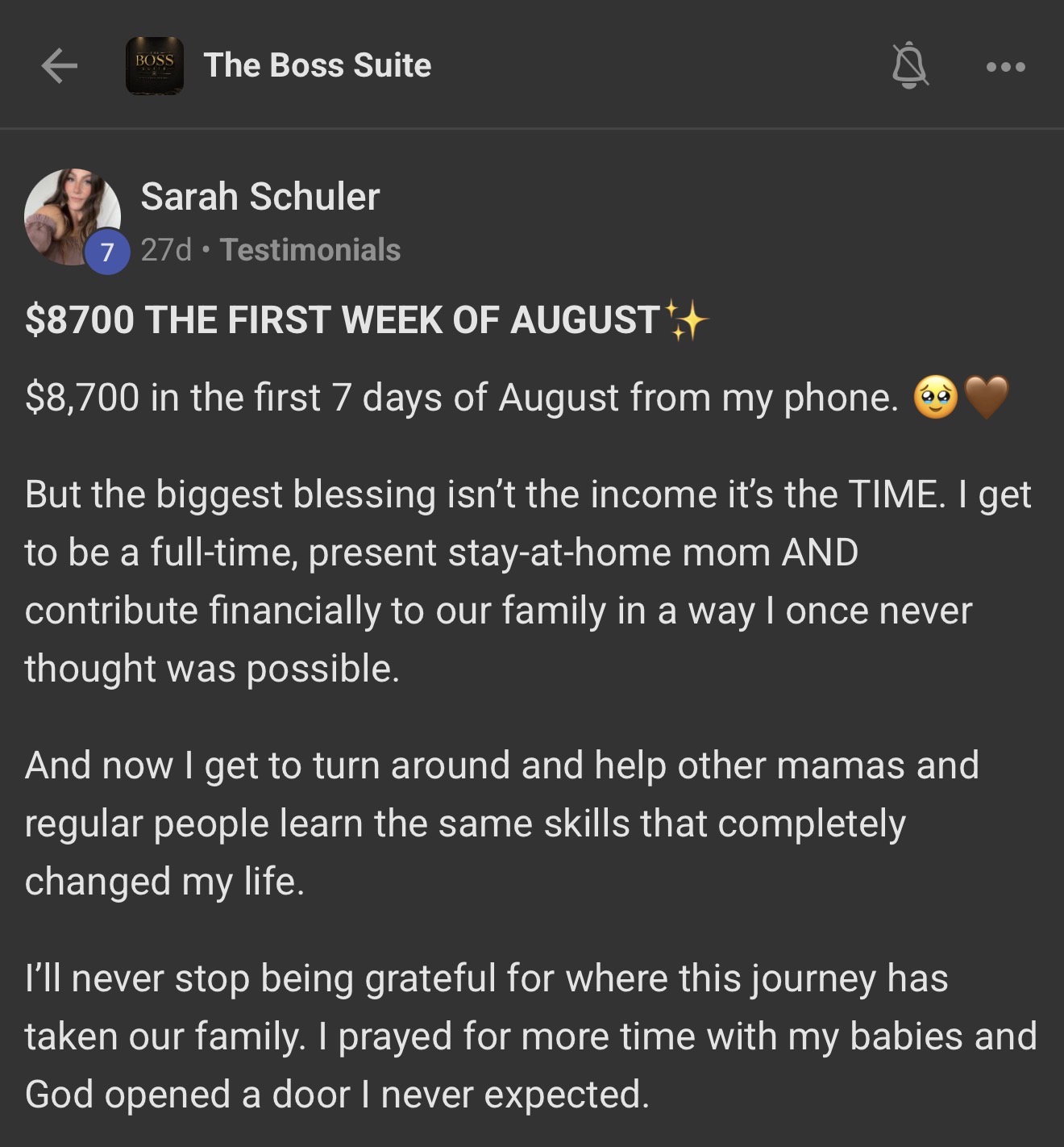 Sarah Schuler Boss Suite testimonial screenshot