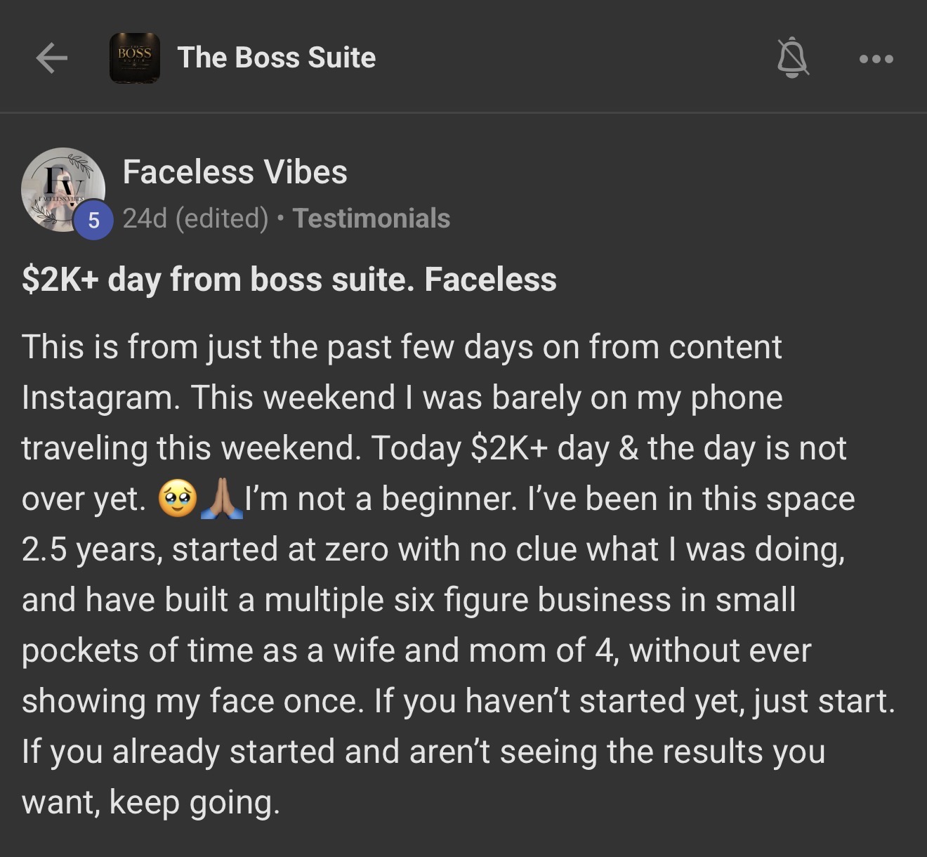 Faceless Vibes Boss Suite testimonial screenshot