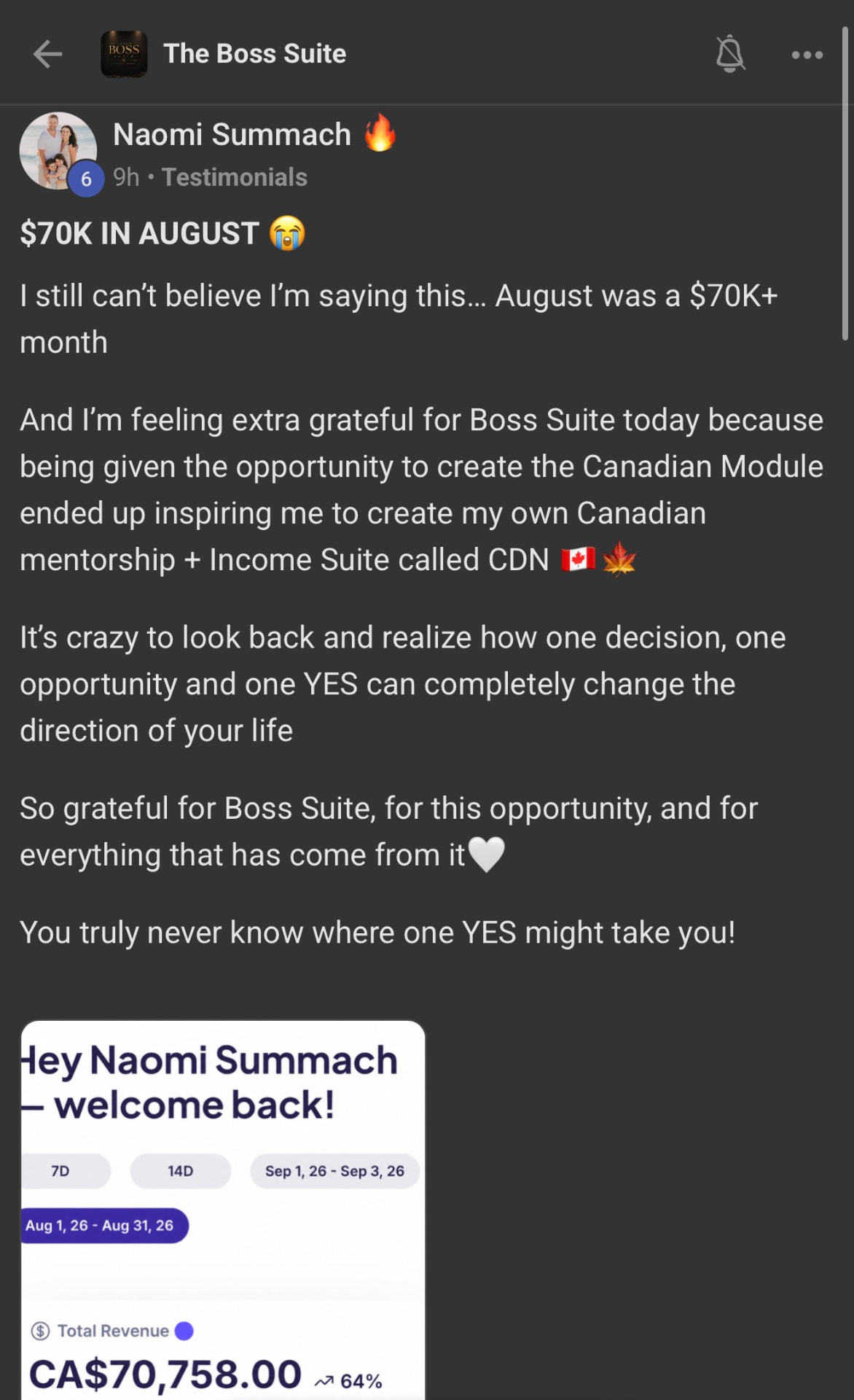 Naomi Summach Boss Suite testimonial screenshot